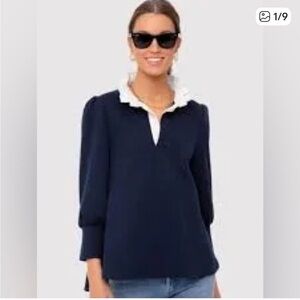 Charlotte Terry Navy Blue Women's Top ruffle collar